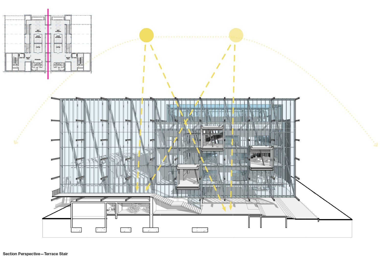 ARCH 3032/ 6032 Spring 2022 Student Work : section perspective, terrace stairs