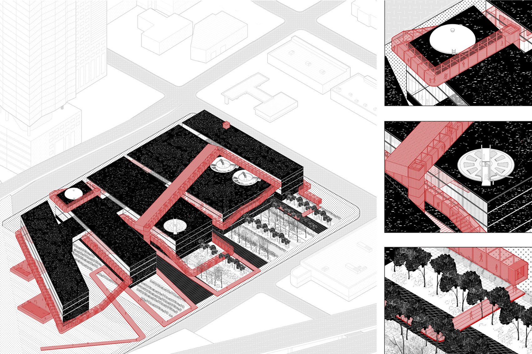 Leah Bohatch and Camille Kreisel's thesis: axonometric view of building with close up of walkway paths