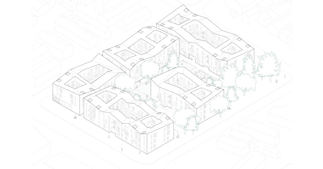 ARCH 2022/6022 Spring 2022 student work: axonometric view of buildings