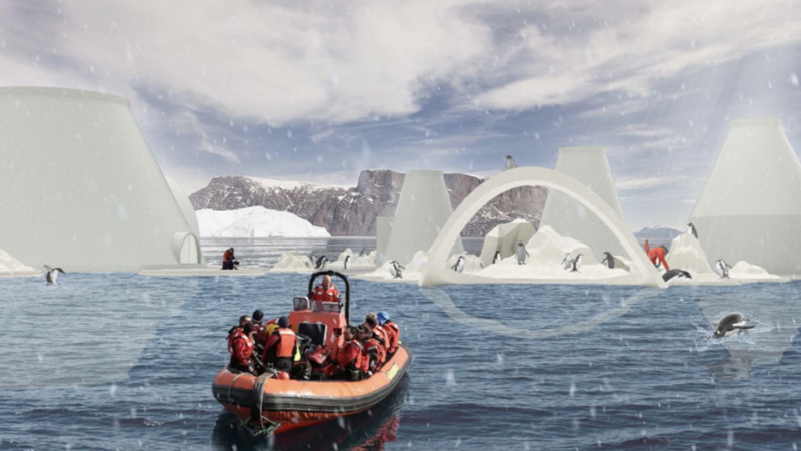 Seth Laskin's Thesis Project: rendering of crew on a boat meeting the penguins