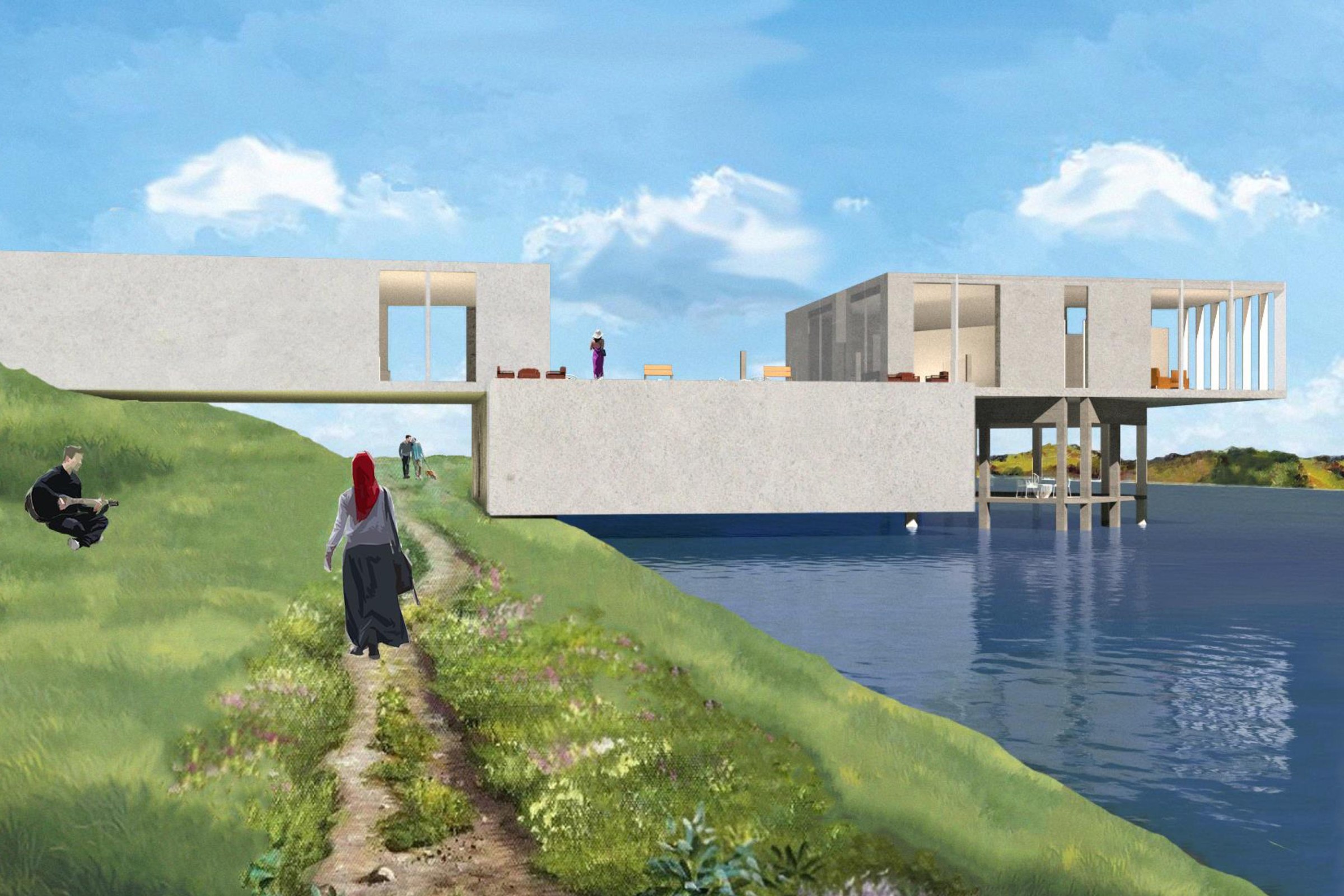 ARCH 2021/6021 Fall 2021 exterior of building rendering on body of water