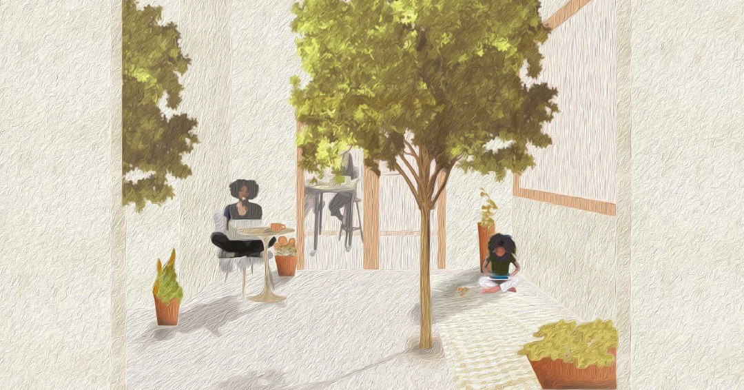 ARCH 2022/6022 Spring 2022 student work: rendering of outdoor sitting area with trees