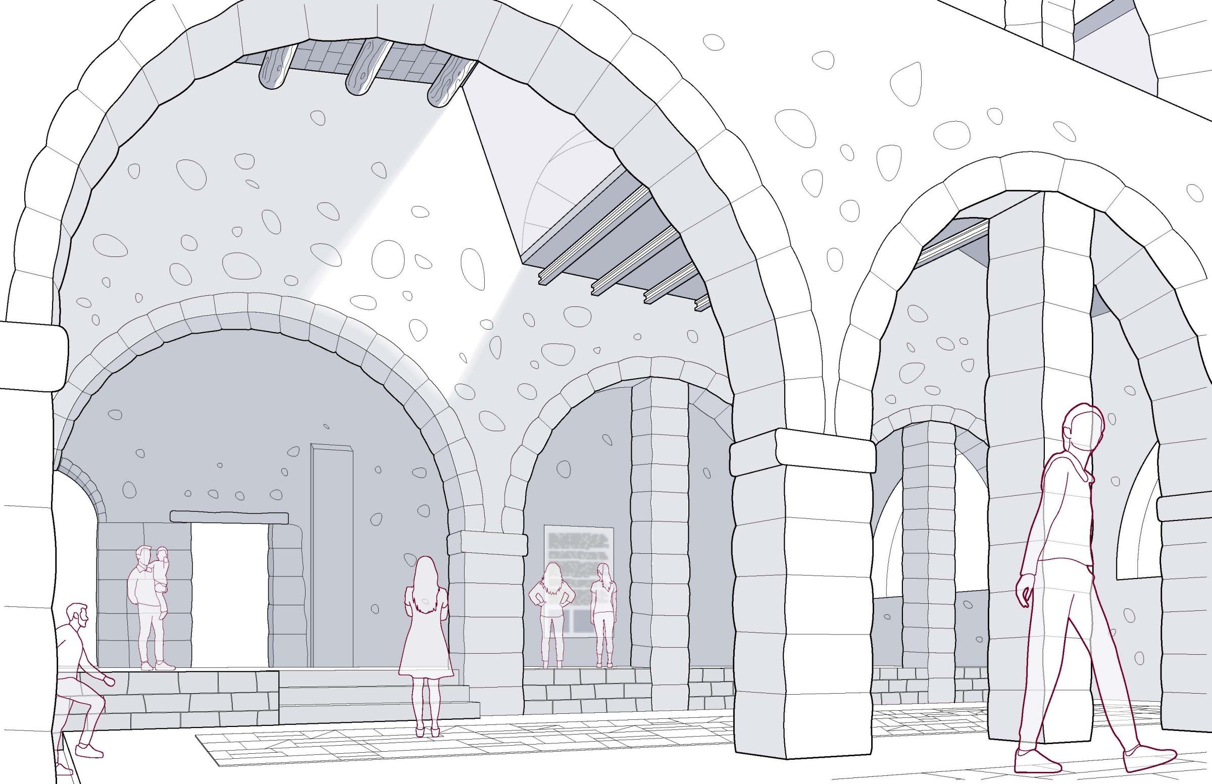 Giuliana Vaccarino Gearty Thesis: Loggia with roof addition, pavement, and historical wall placards 