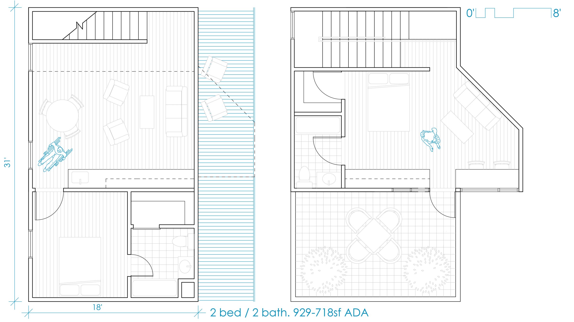 Daniel Tighe's thesis project: 2 bedroom 2 bathroom floor plan, ADA 