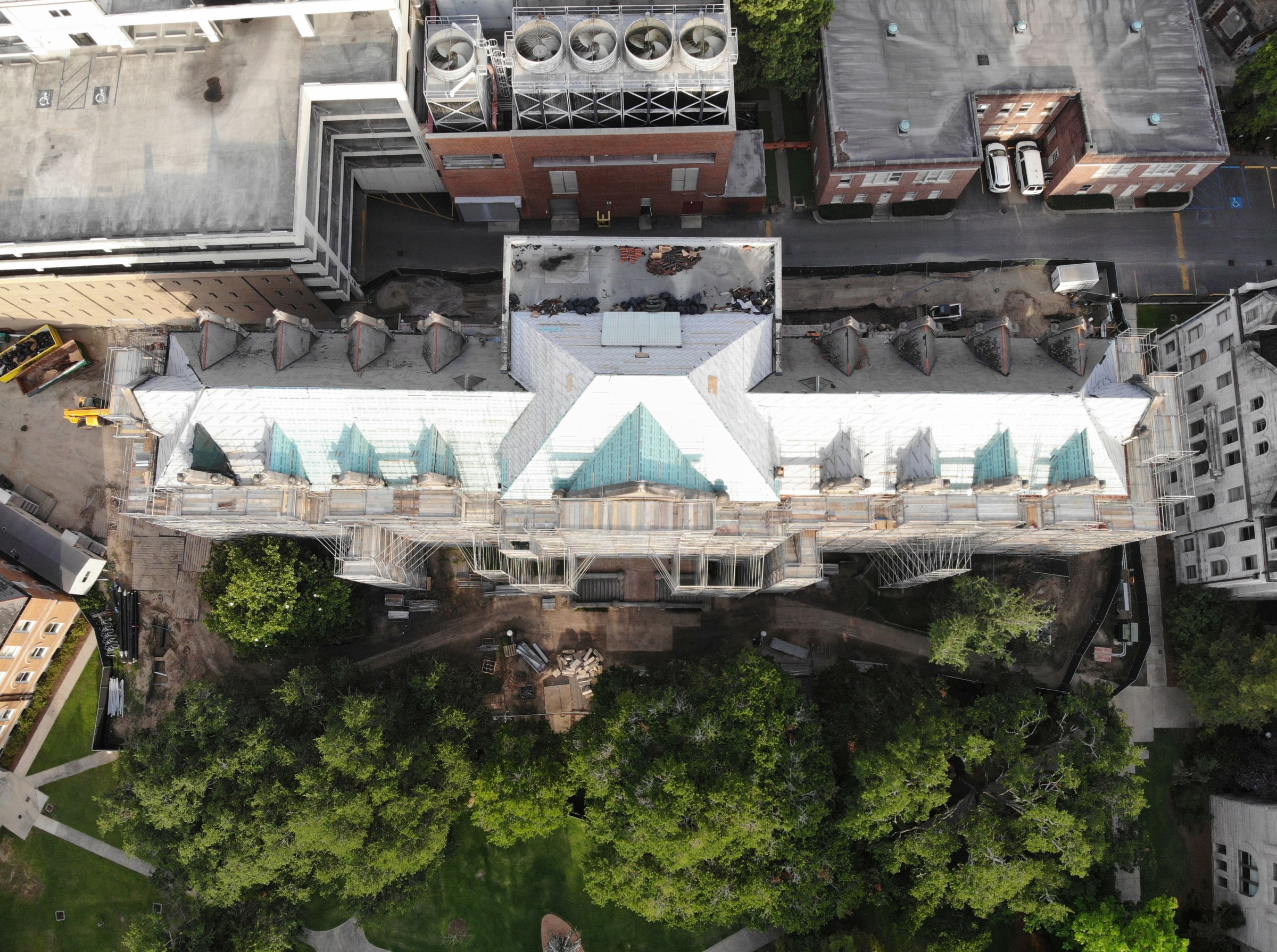 aerial drone view looking straight down at the full roof under repair at Richardson Memorial Hall.