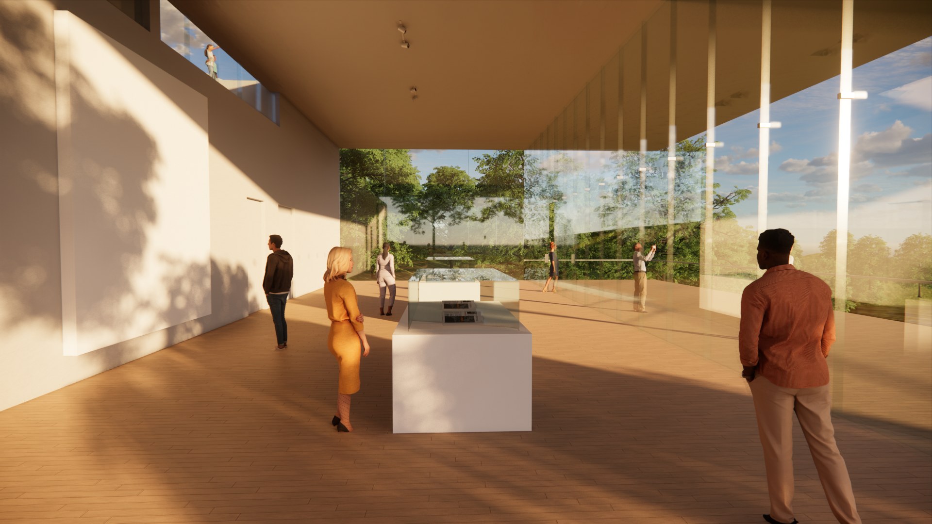 Interior digital perspective of a large gallery space with minimal furnishings and tall floor-to-ceiling windows on the back and right walls.