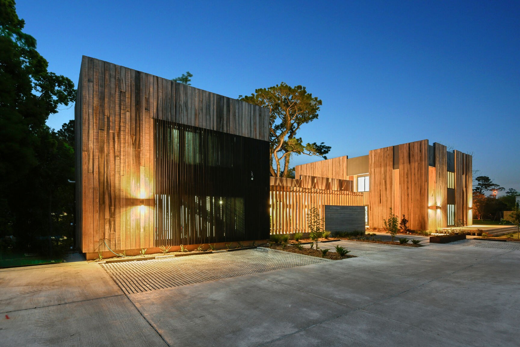 Night photo of a very modern commercial building with vertical wood detail wrapping the facade.