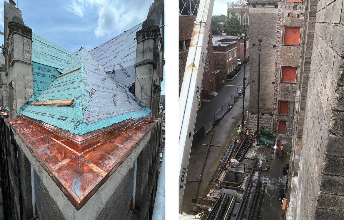A diptych of two photos: left photo shows a close-up of the roof corner and the cooper-flashing; right photo shows a tall crane hoisting a long steel beam vertically as it begins to install it on the back of Richardson Memorial Hall.