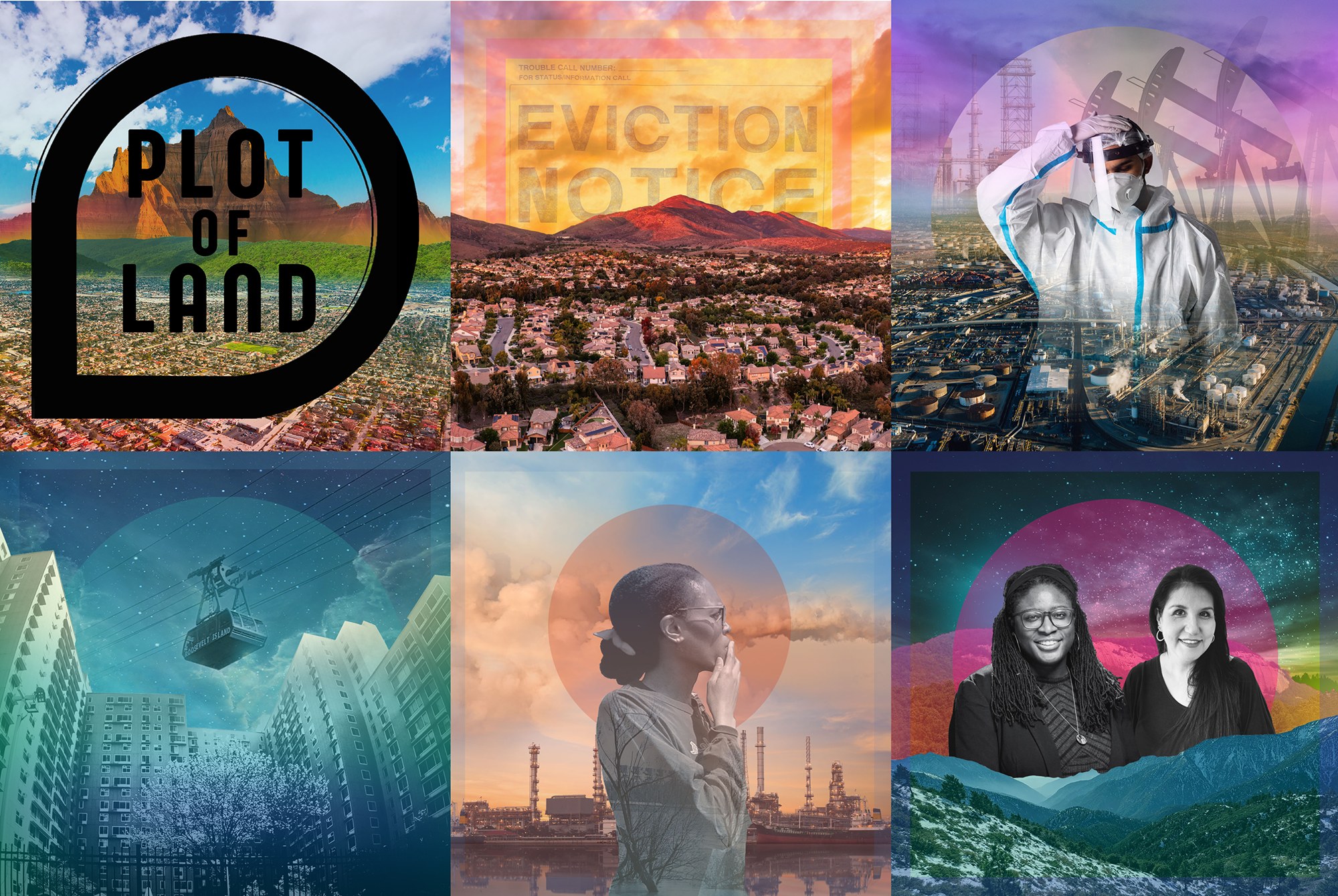 Collage of six graphic posters (depicting abstract concepts of land, power, environmental issues, etc.) created for various episodes of the Plot of Land Podcast series.