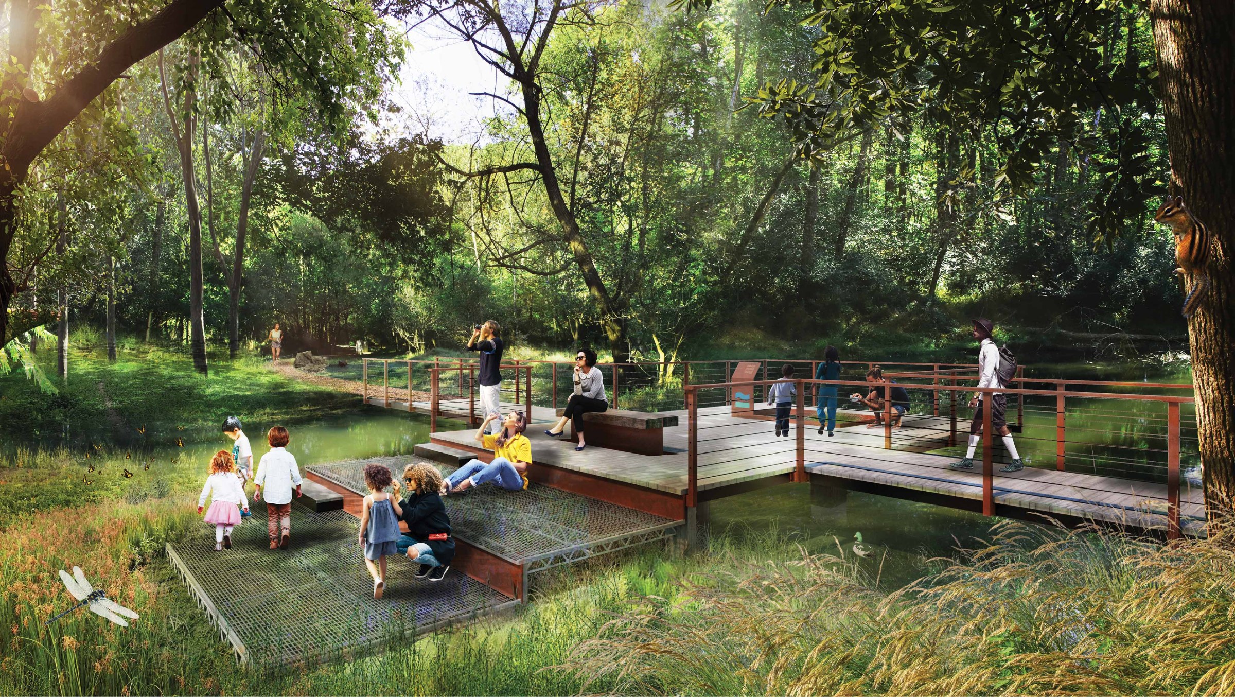 Perspective drawing of people standing, walking, and sitting on an observation deck and path with a lush forest area along the Chattahoochee River