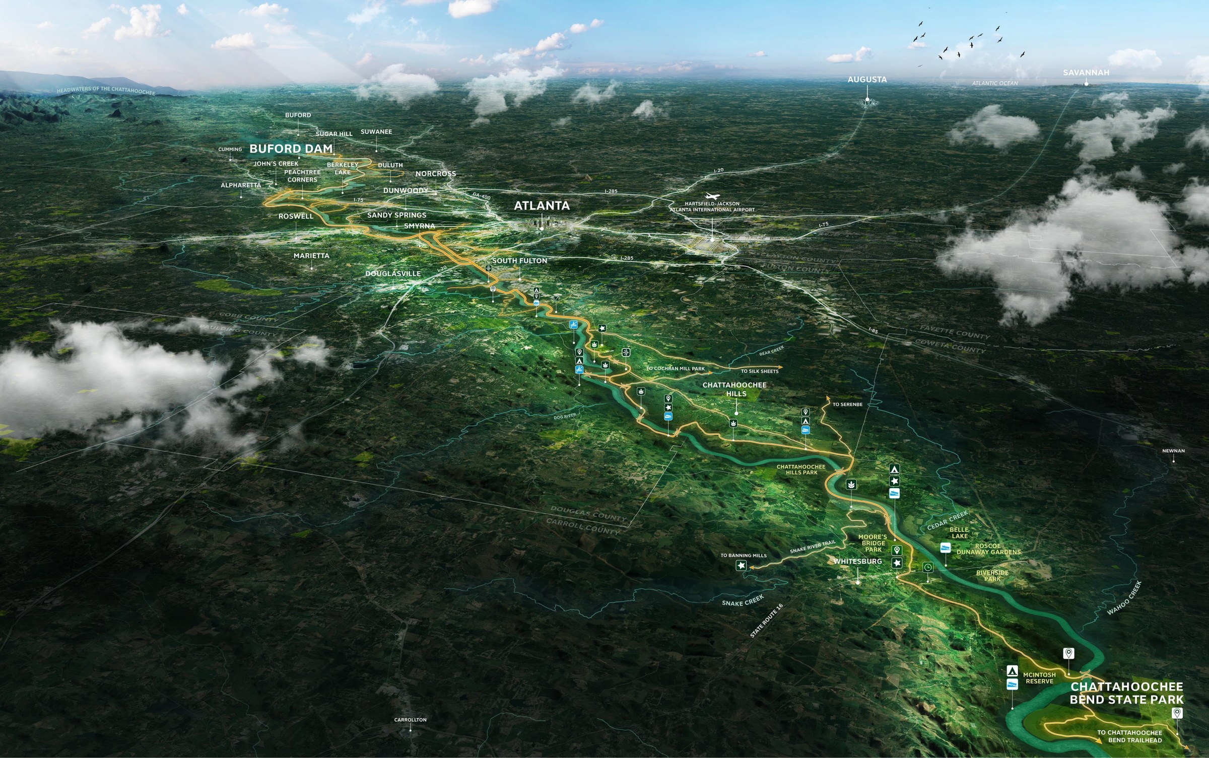 Aerial axonometric perspective of the entire Chattahoochee River plan