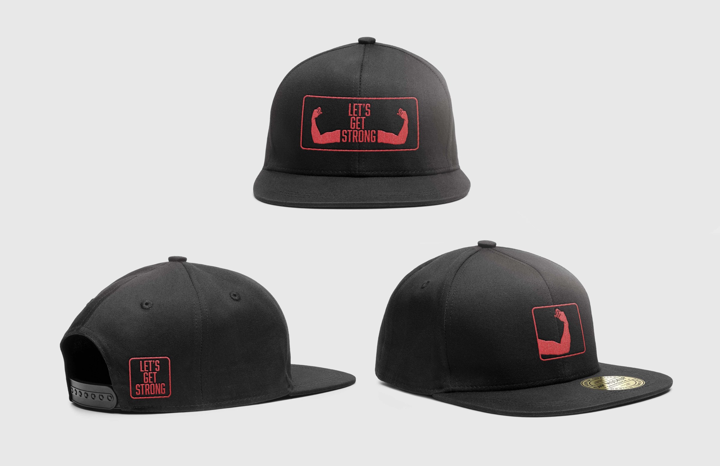 Mockup of hats with "Let's Get Strong" Logo 
