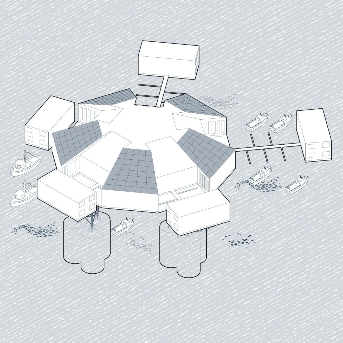 Axonometric drawing of a floating hexagonal research building, drawn by a student for the Gulf Research Studio.