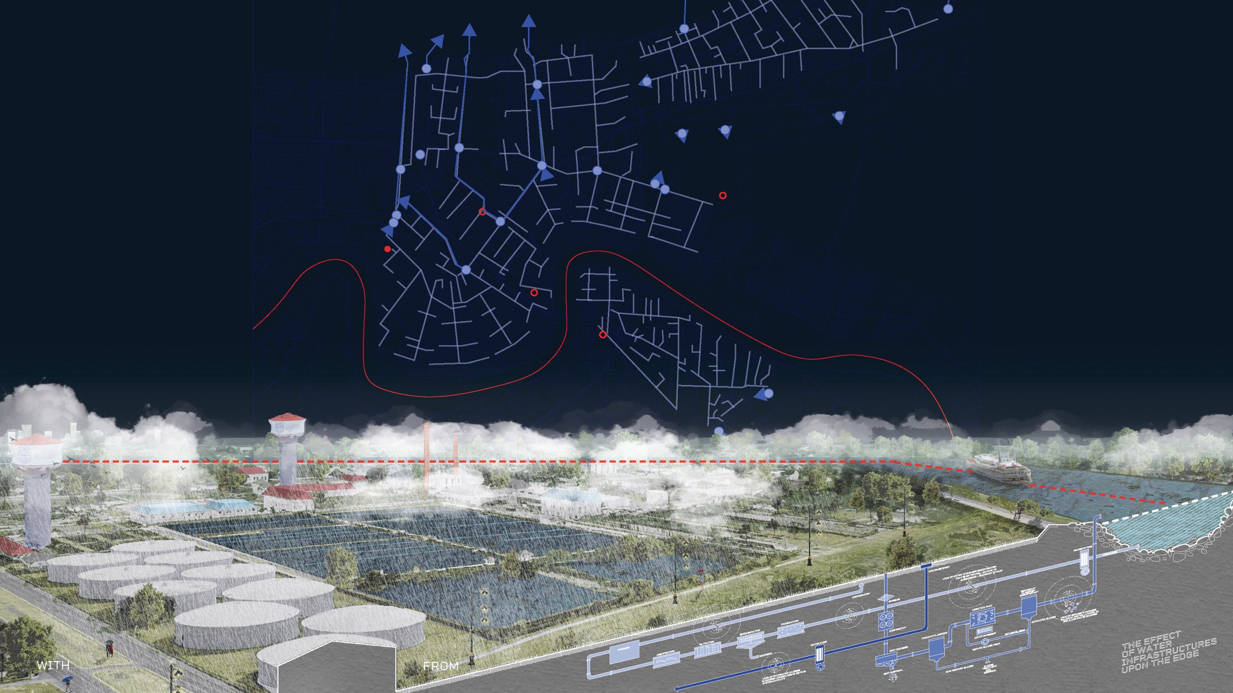 collage, top showing a New Orleans city map with drainage directional outflow indicated and on the bottom a sectional drawing of underground water management systems next to the Mississippi River.