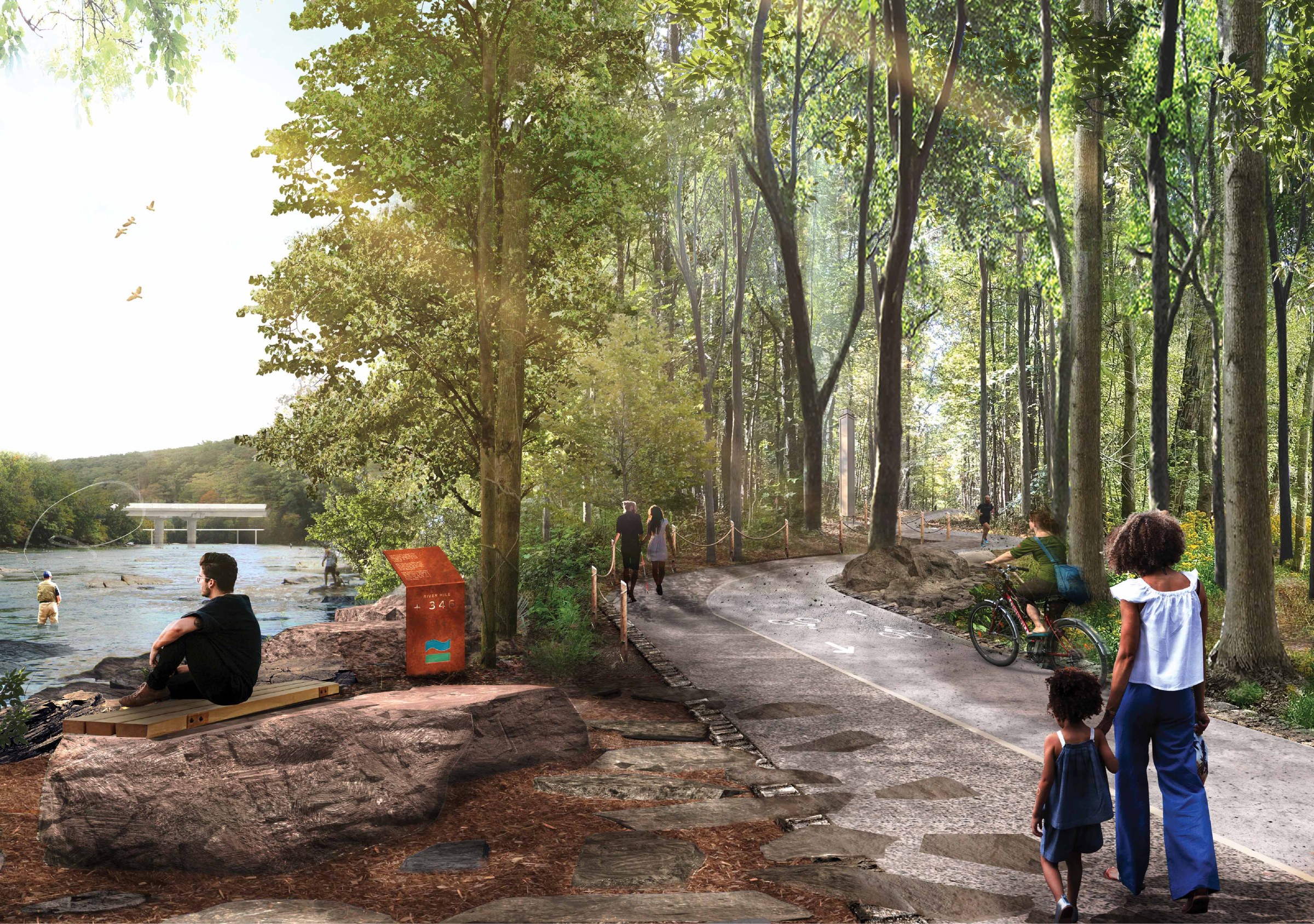 Digital perspective drawing of a walking-biking path on the right side, meandering through tall, lush trees, and the serene Chattahoochee River with large rocks at the water's edge to sit on, shown on the left side of the frame.