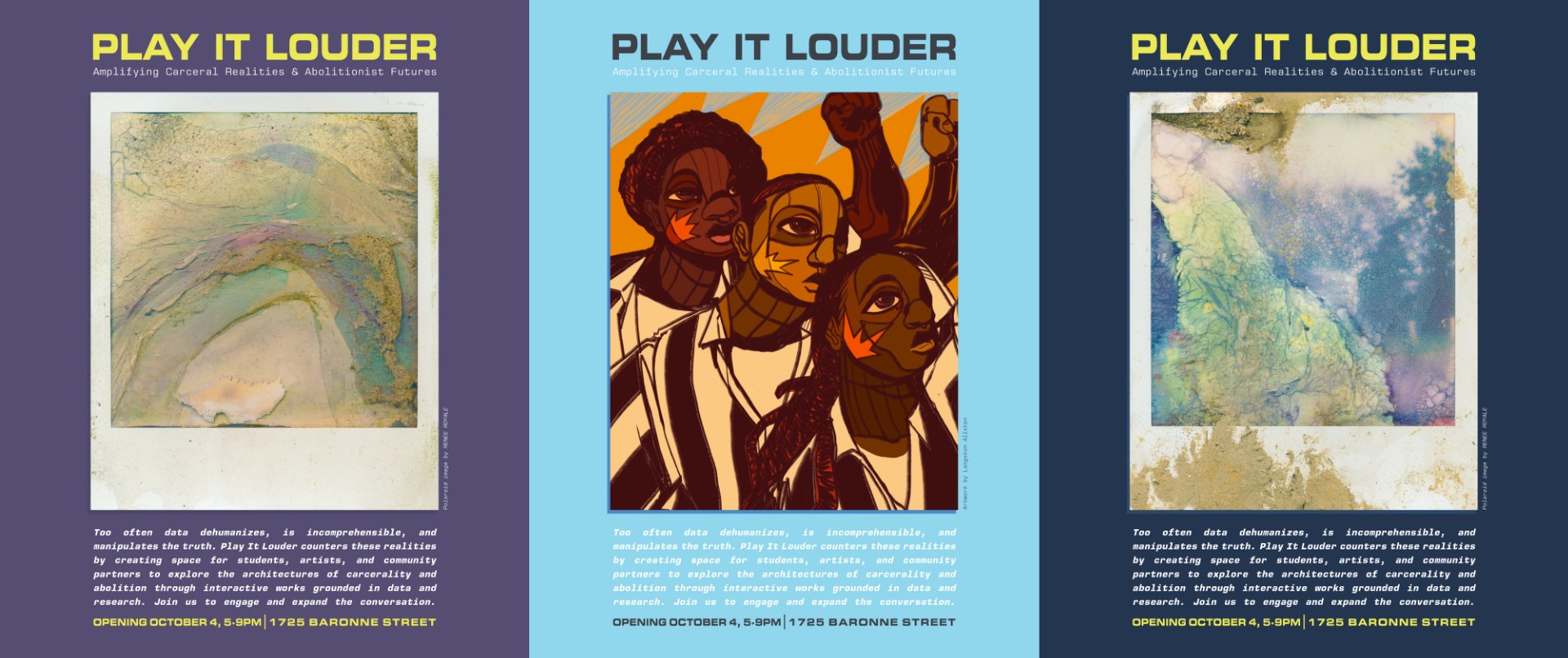 Triptych of three works of art from the exhibition Play It Louder.