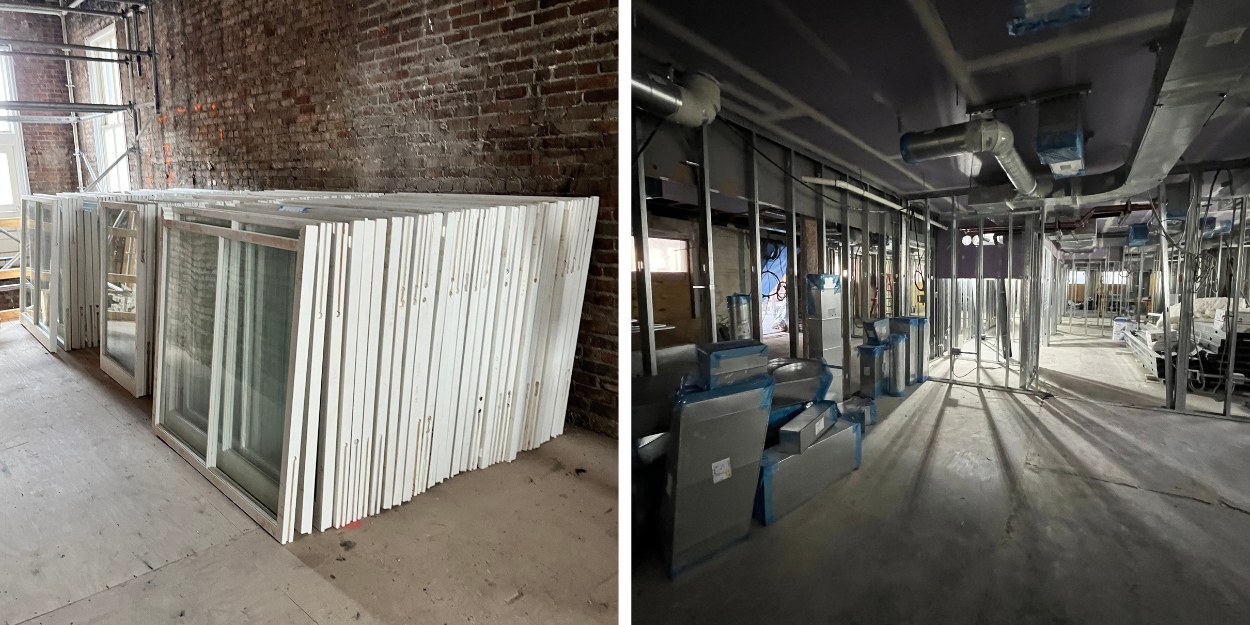 Diptych of side-by-side photos: Historic windows ready for installation (left) and duct work installed (right).