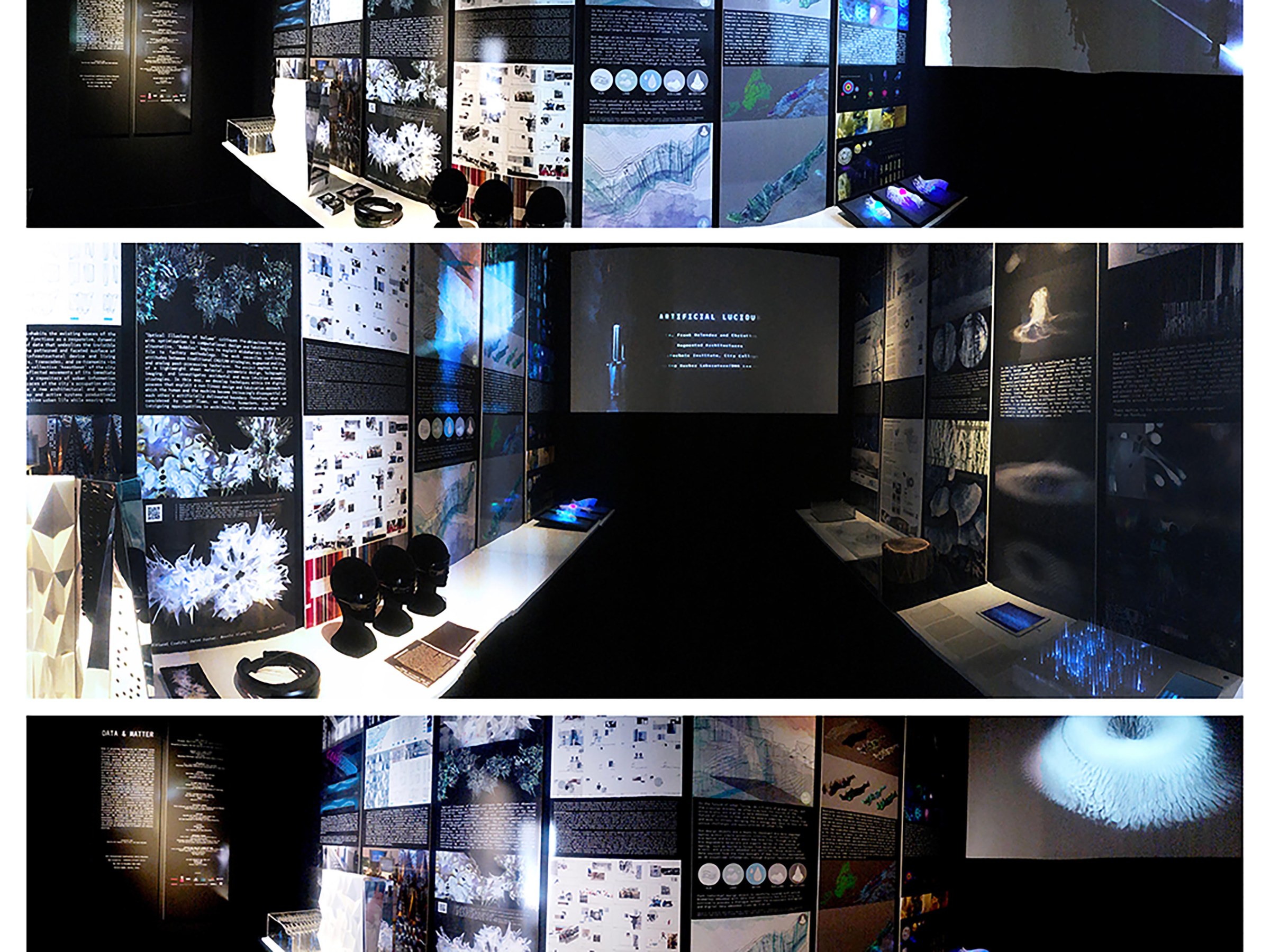 Collage of different screens and posters from Data and Matter Exhibit