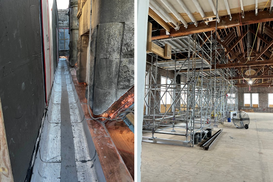 Diptych of side-by-side photos: Roof flashing and waterproofing (left) and fourth floor dormer shoring (right).