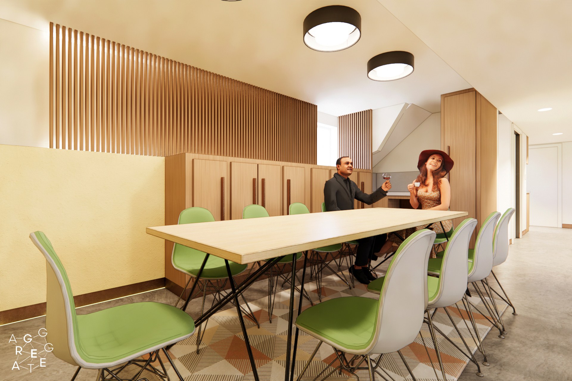 Digital perspective drawing of interior dining room space with two people sitting at a 10-seat table.