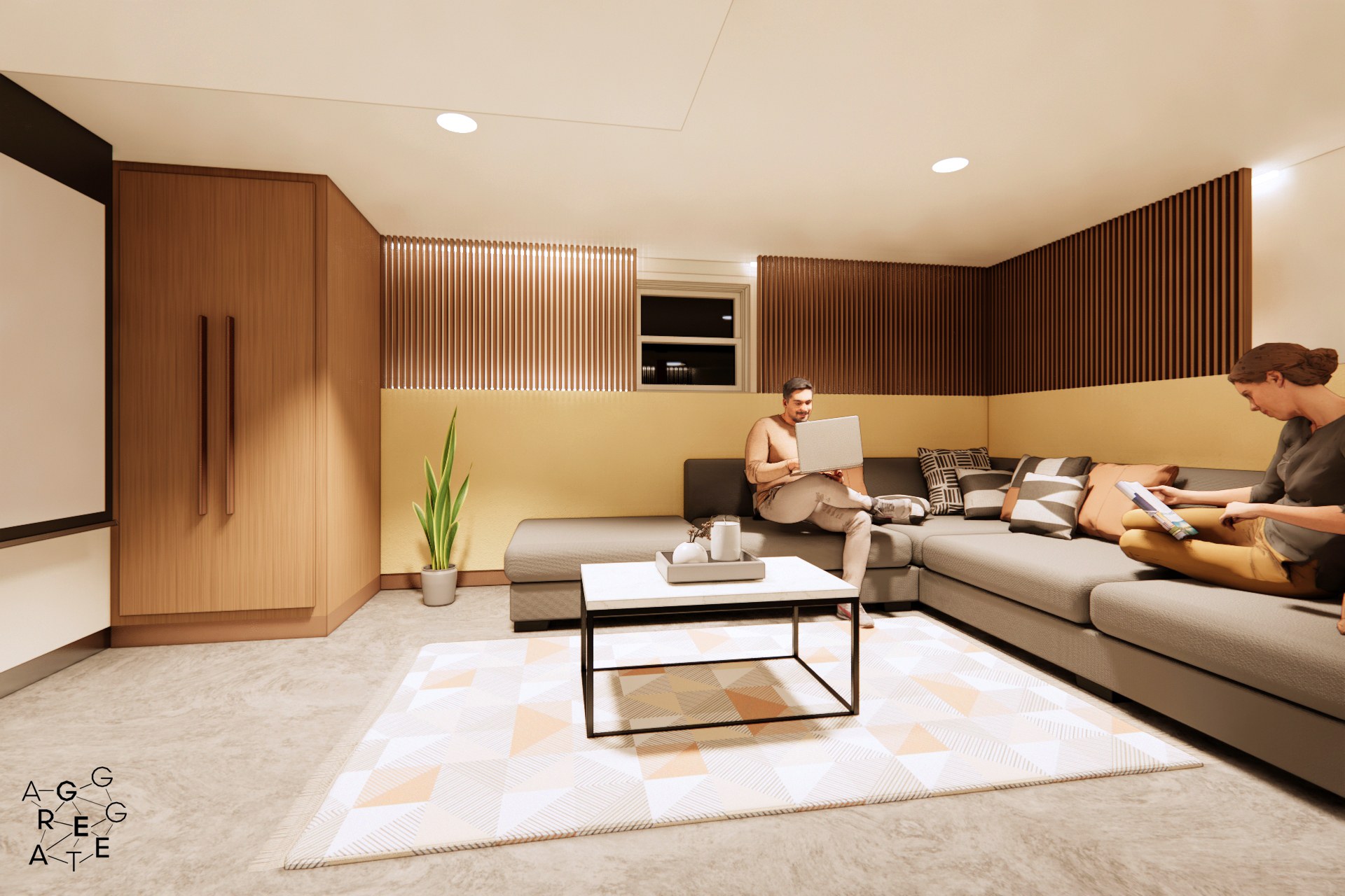 Basement living room perspective rendering with two people lounging on a L-shaped couch.