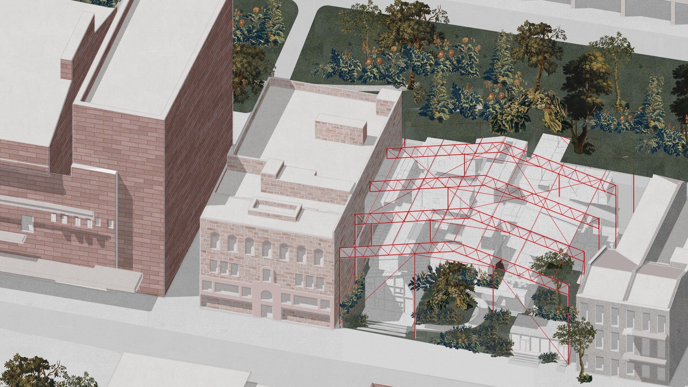 Axonometric aerial drawing of a commercial street with multi-story buildings, one with exposed beams and scaffolding on the exterior.