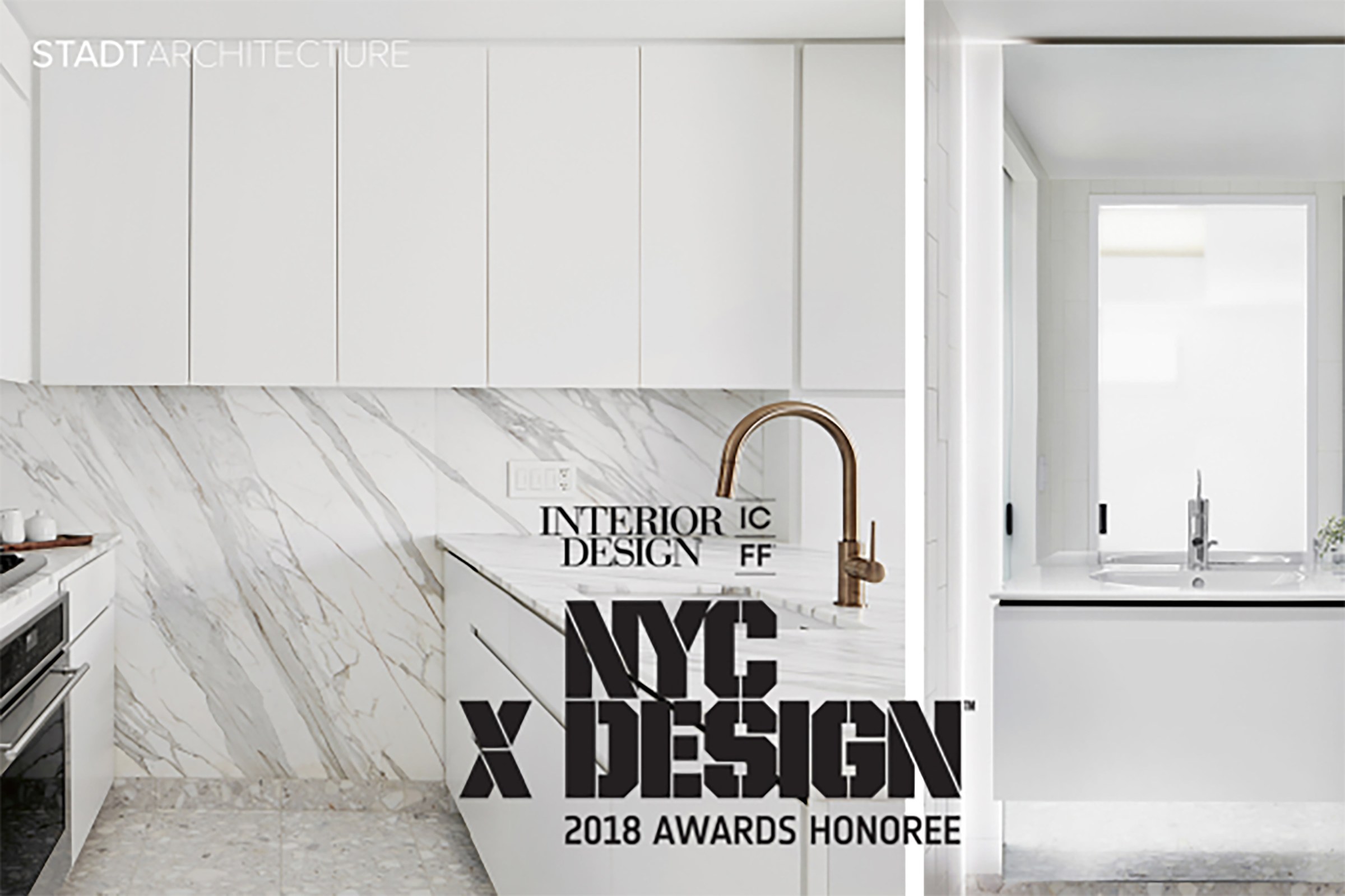 White marble kitchen with NYC x Design in black text 
