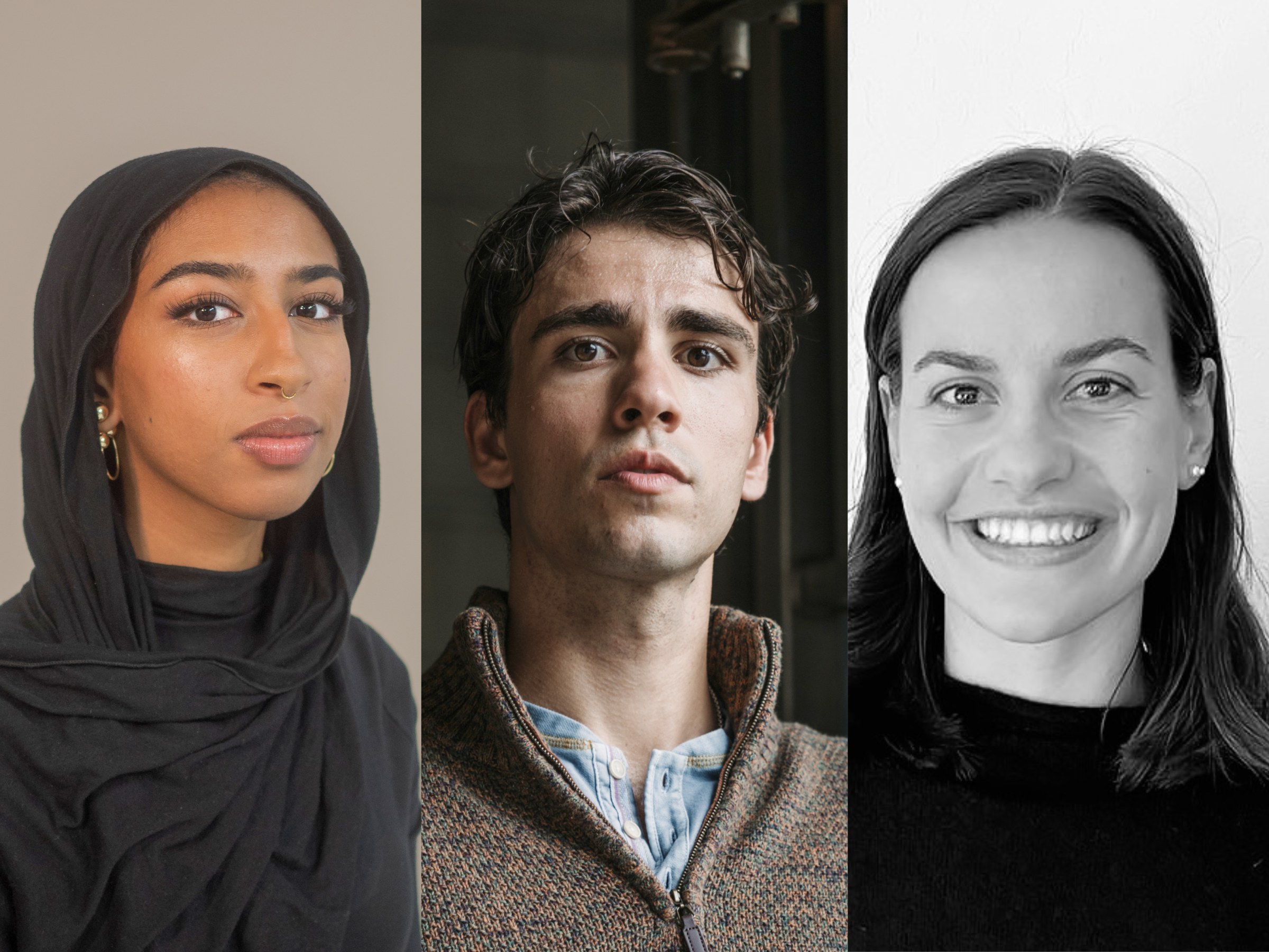 Headshots of students Zaynab Eltaib, Kosta Sevic, and Olivia Vercruysse. 