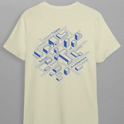 Back of a Tshirt with a graphic design showing an axonometric view of an urban street grid with one building shaped like the TuSA "T" icon.