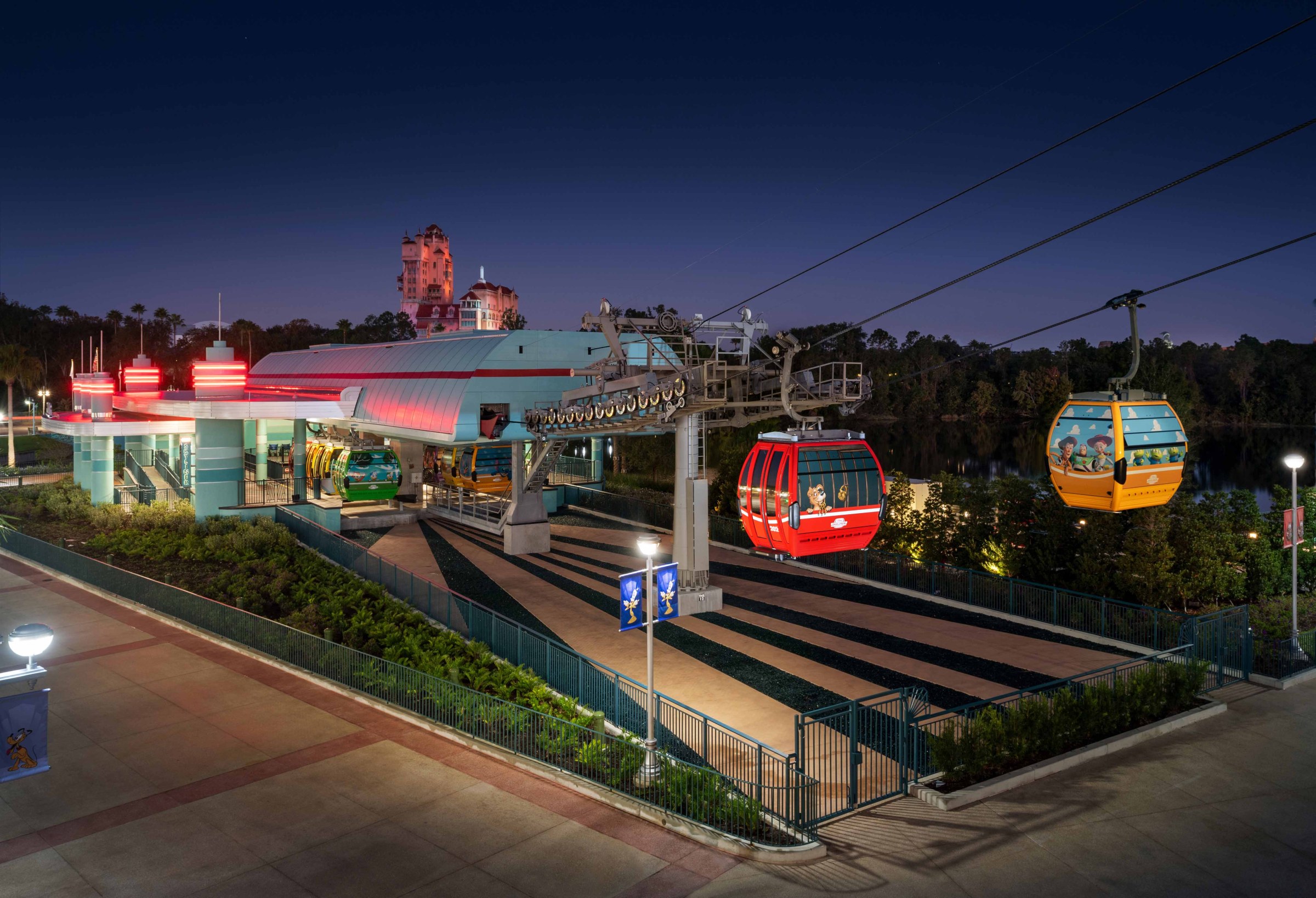 exterior image of the Disney Skyliner in motion