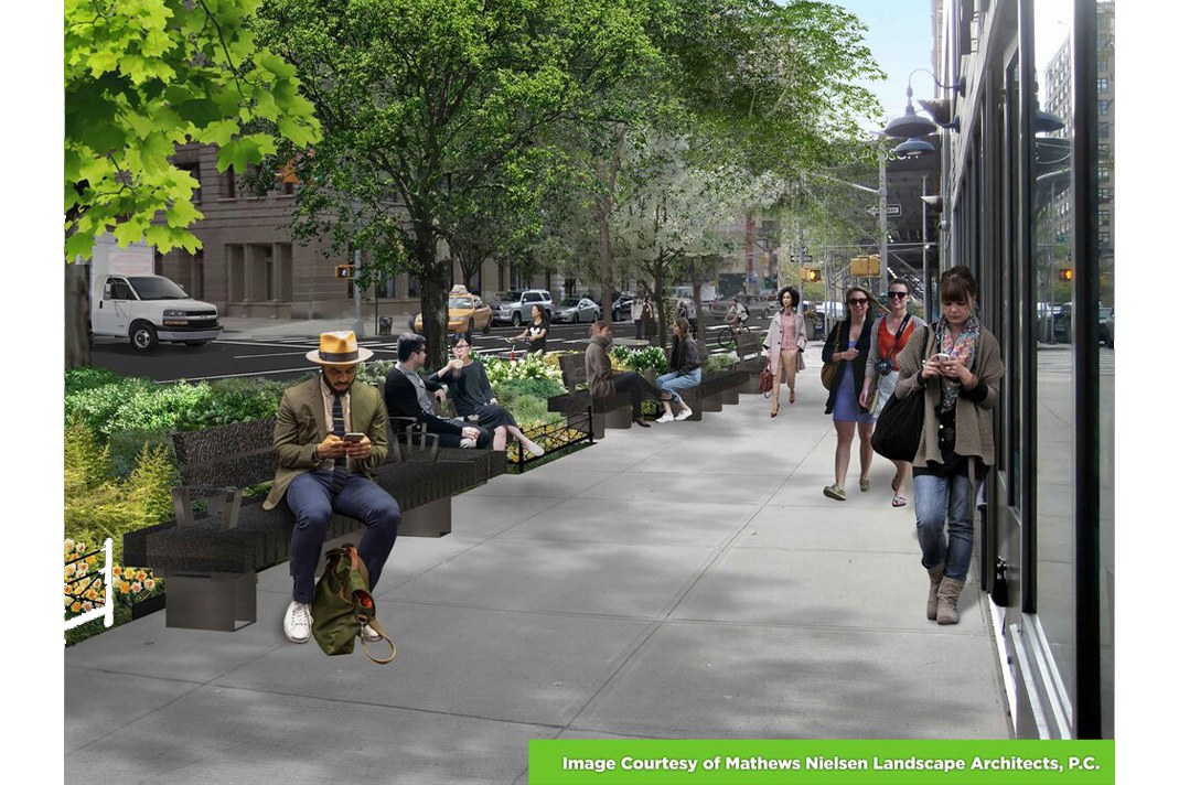 exterior rendering of public space sidewalk and benches