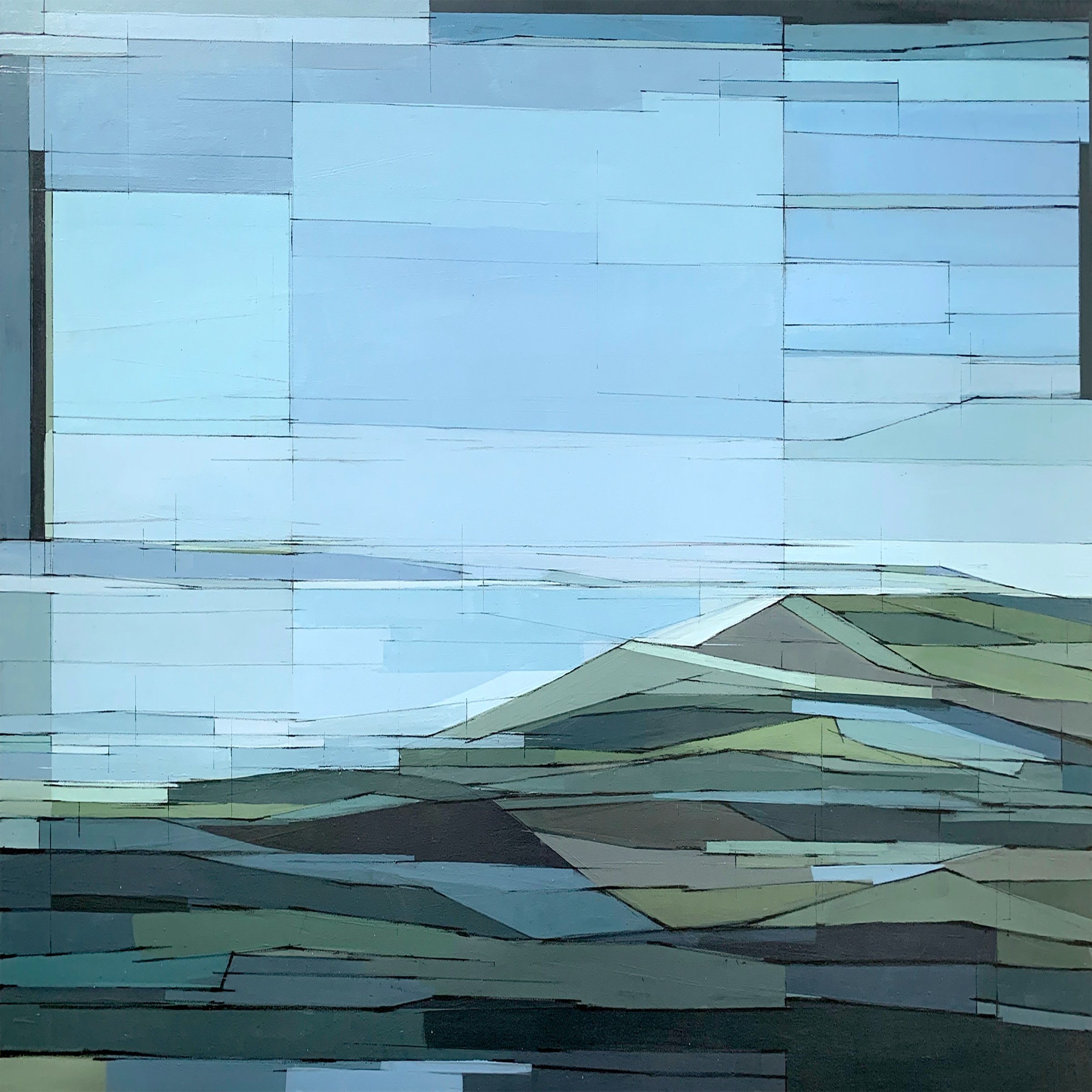 abstract painting of green hills with clear blue sky in squares