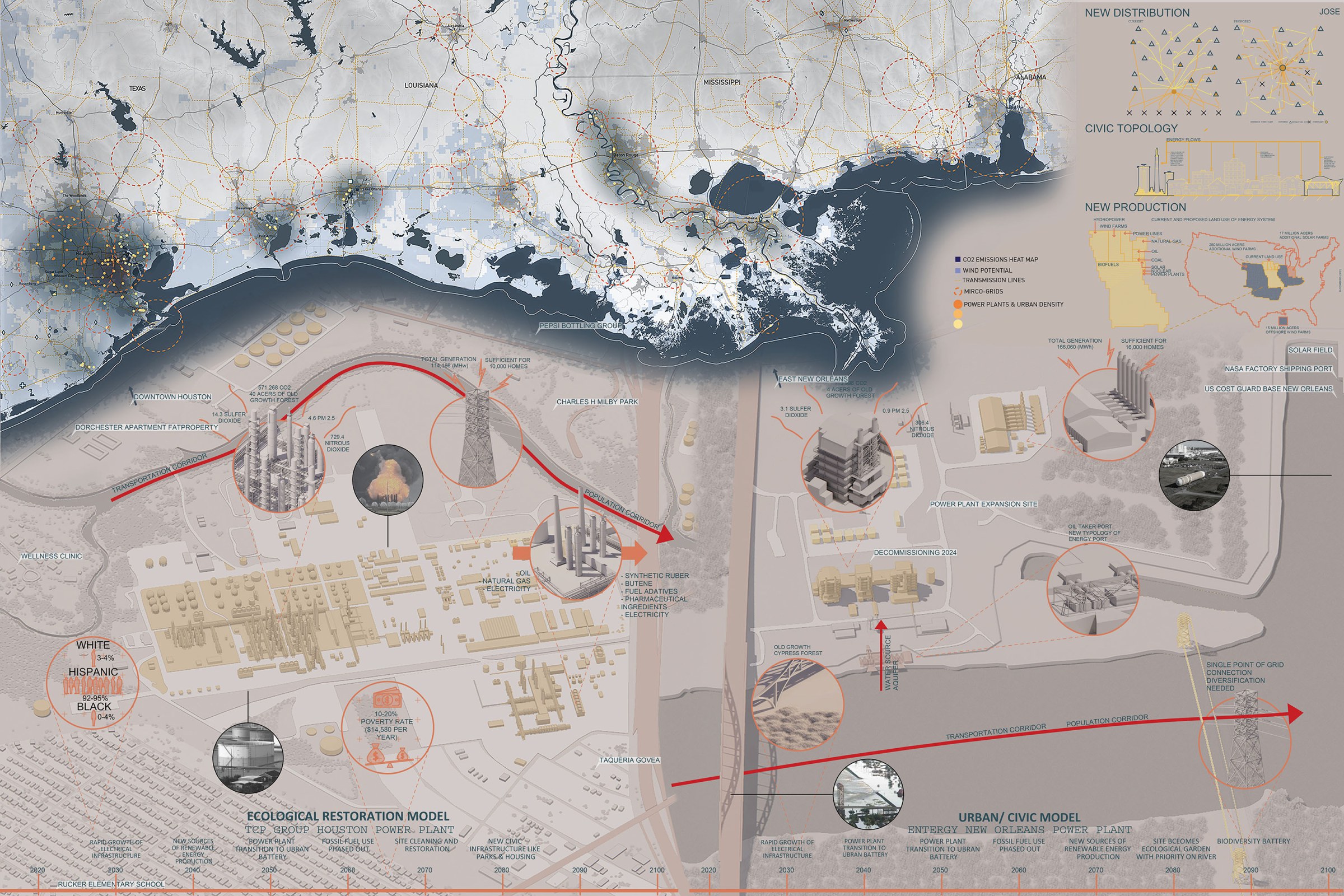 plans and research on a map of costal Louisana