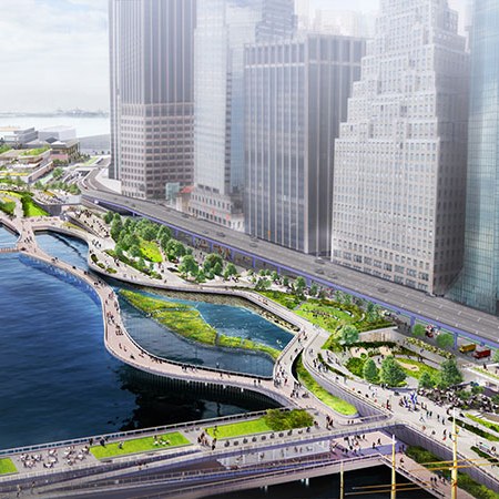 image of New York City financial distract, zig zag roads over water