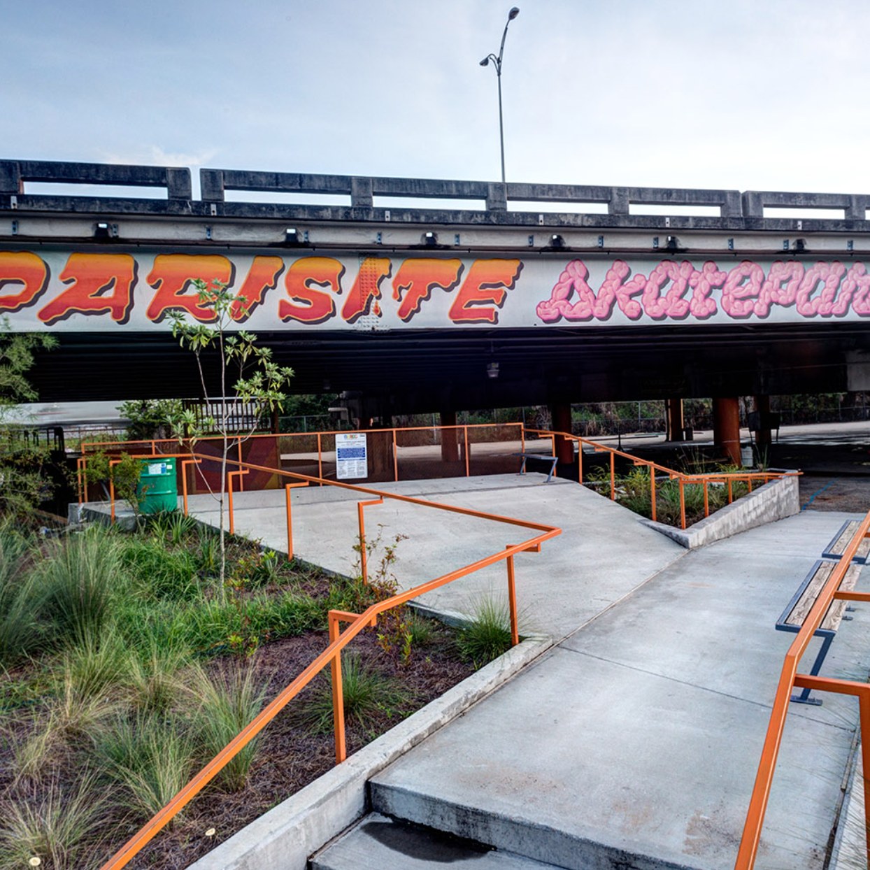 image of parasite skatepark from concrete pathway