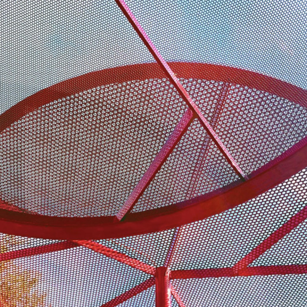 Picture of large red sculpture from below