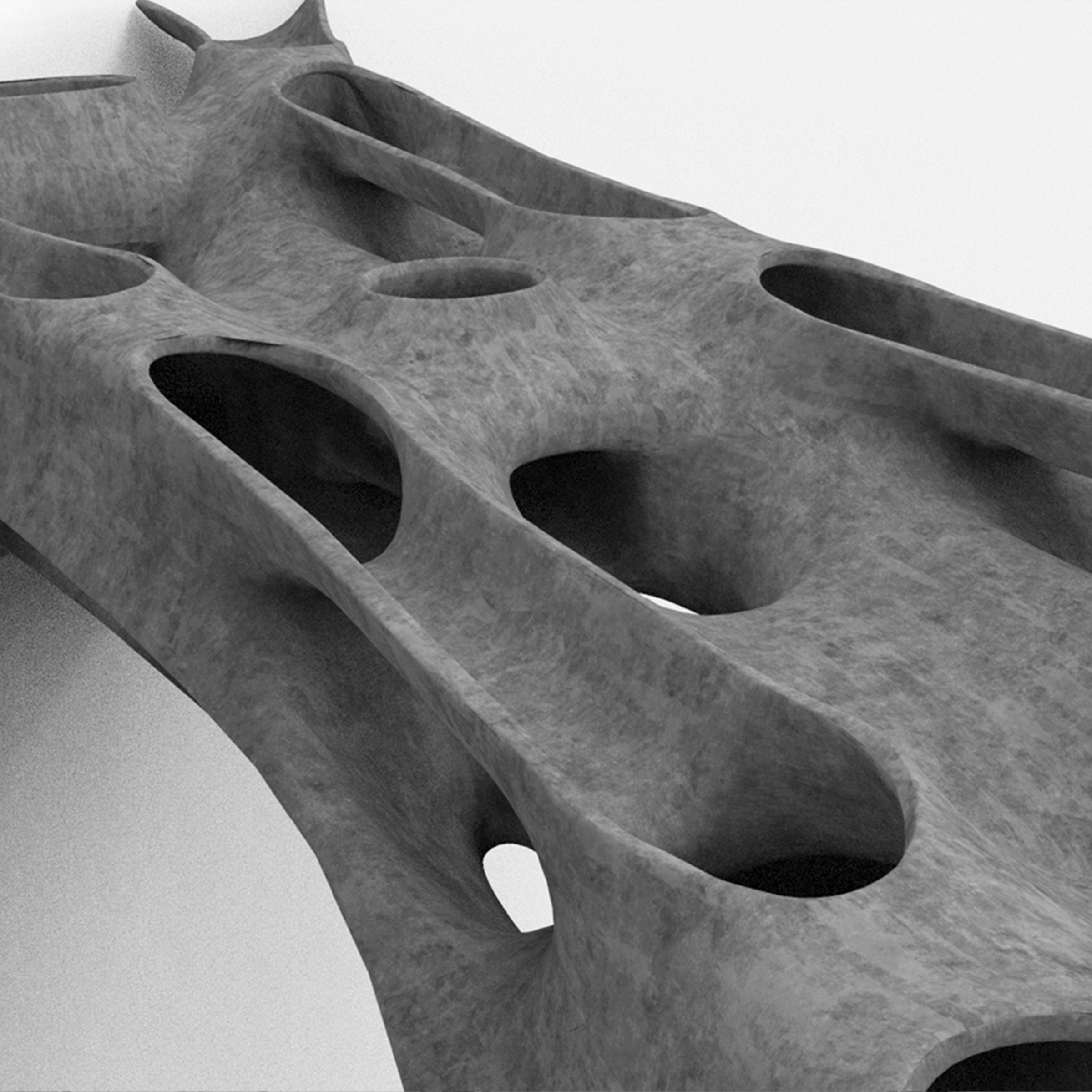 black and white image of flat long sculpture with holes