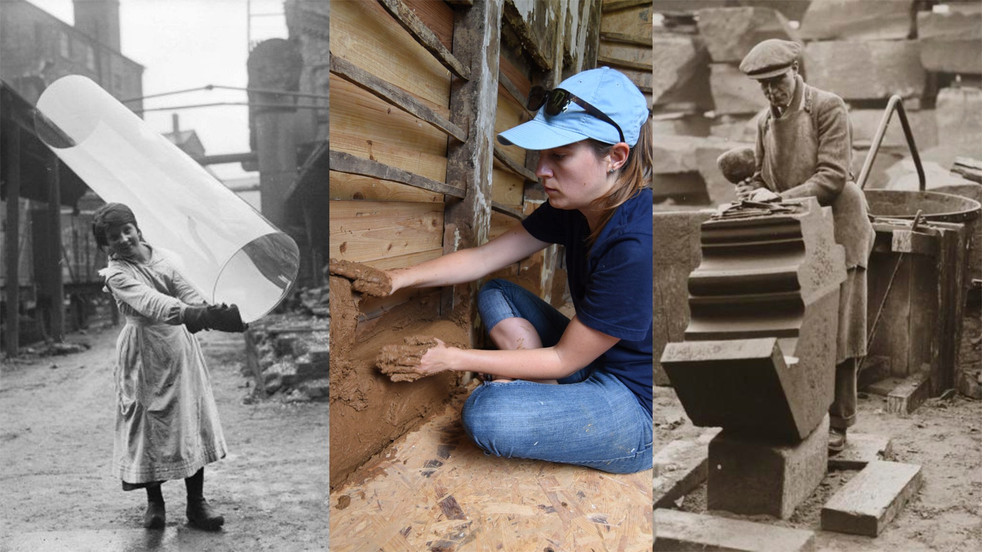 Composite of three photos: One archival photo of a women carrying a large glass cyliner; one current photo of a woman sitting on a floor while hand-repairing a wall with bousillage material; and one archival photo of a blacksmith standing behind a forge. 