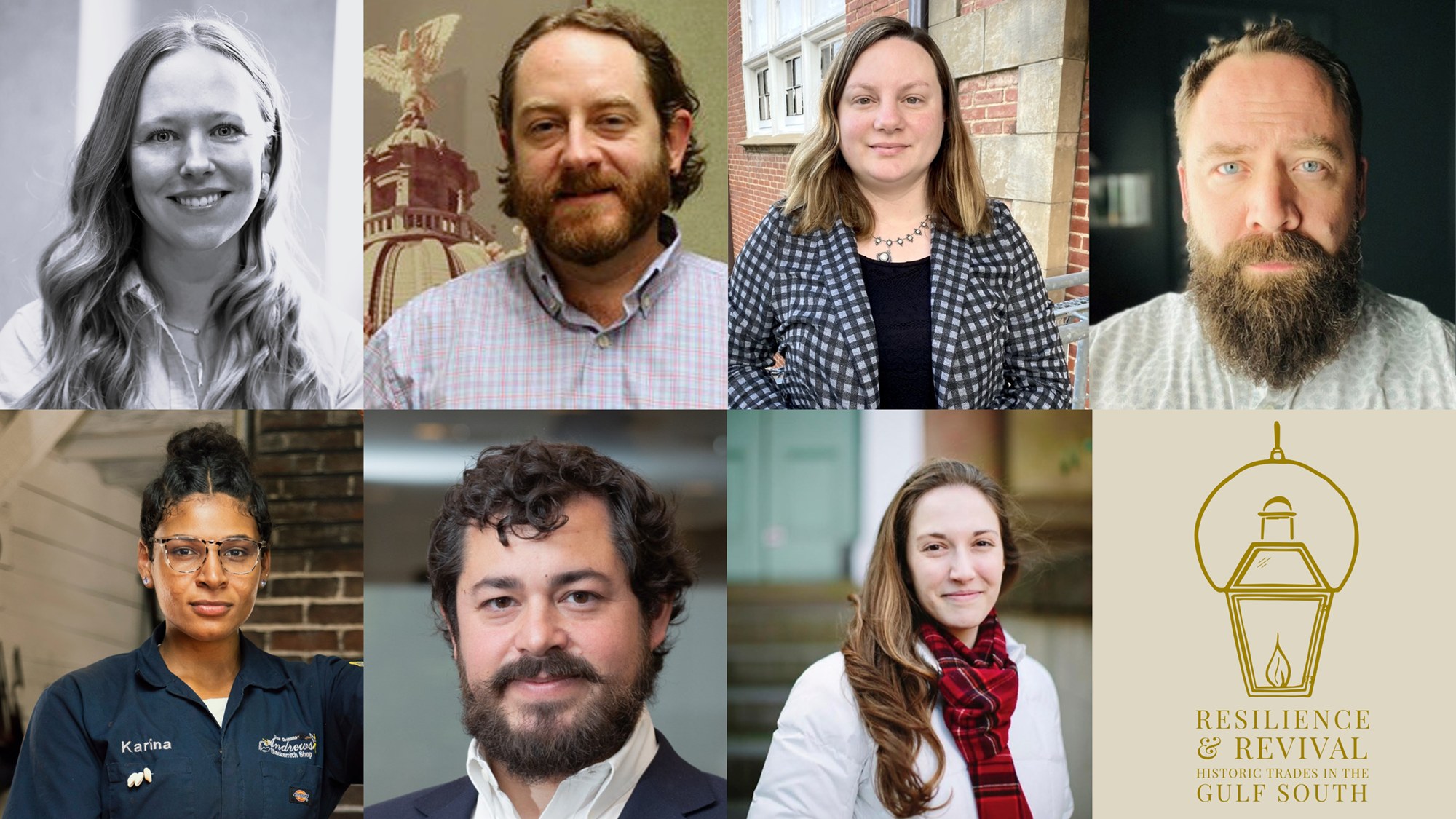 Composite of headshots of Meredith Massey, Barry White, Mary Bindras, Nicholas Conner, Karina Roca, Alejandro Garcia, Christina Butler, with the event's logo of a gas lantern with the words "Resilience and Revival."