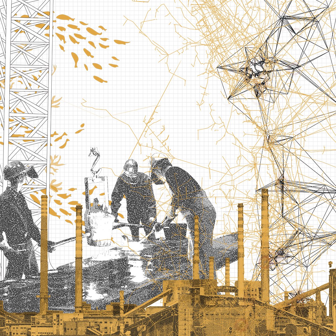 Digital collage of  photos of industrial facilities and oilfield workers, mixed with line drawings, graphics and maps.