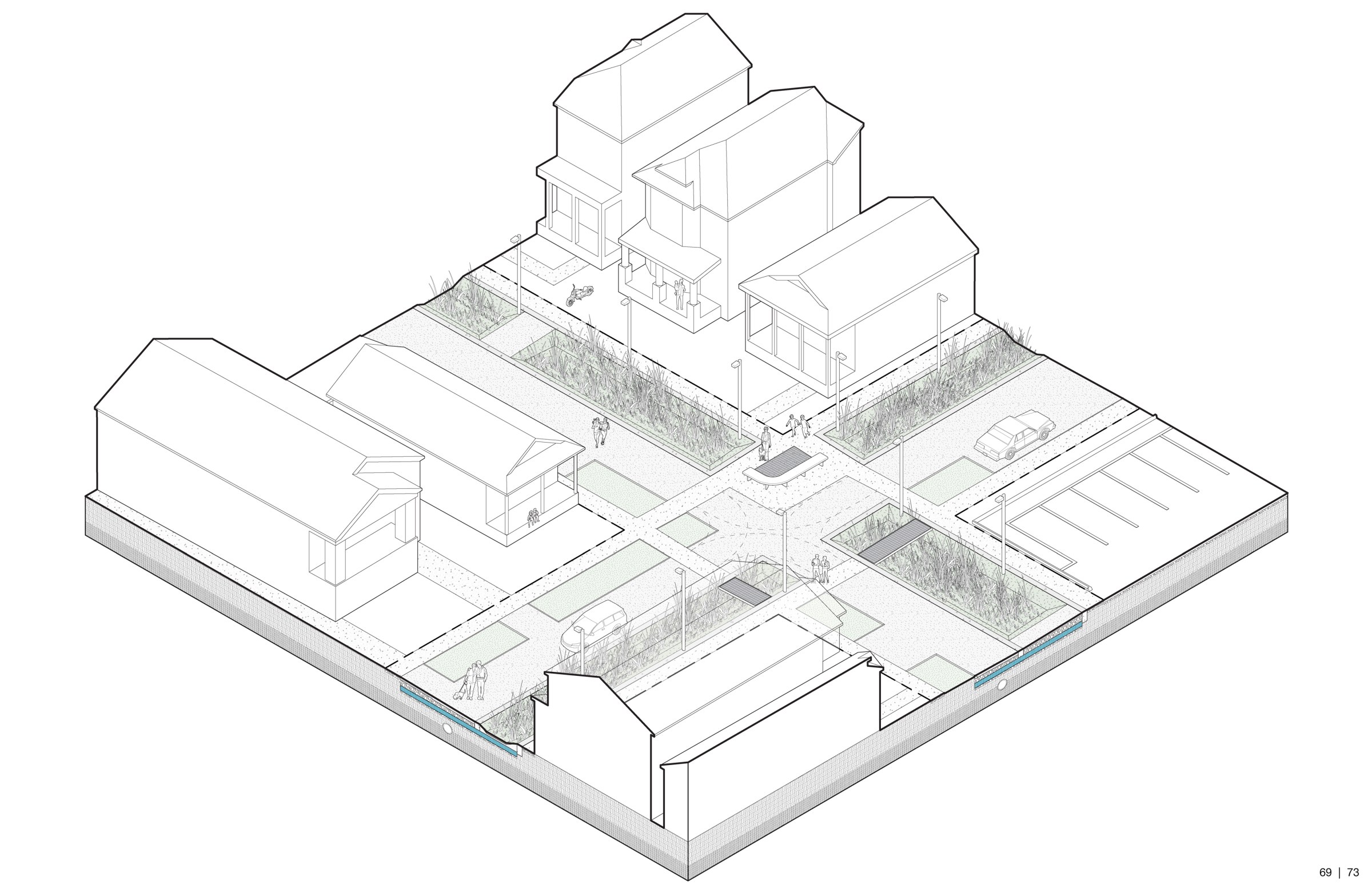 Axonometric drawing of street intersection with the streets incorporating drainage, vegetation, and multi-modal transportation.