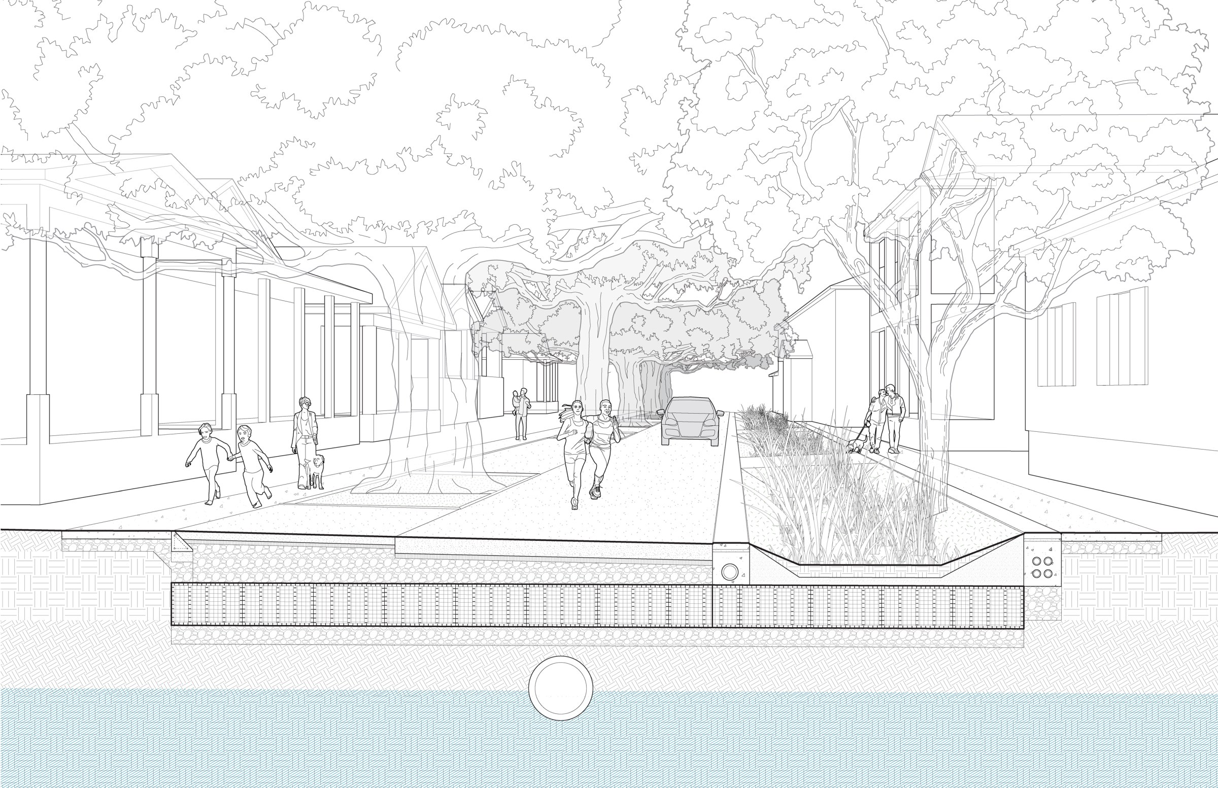 Perspective line drawing of a streetscape that incorporates drainage, walking, biking, and mass transit.