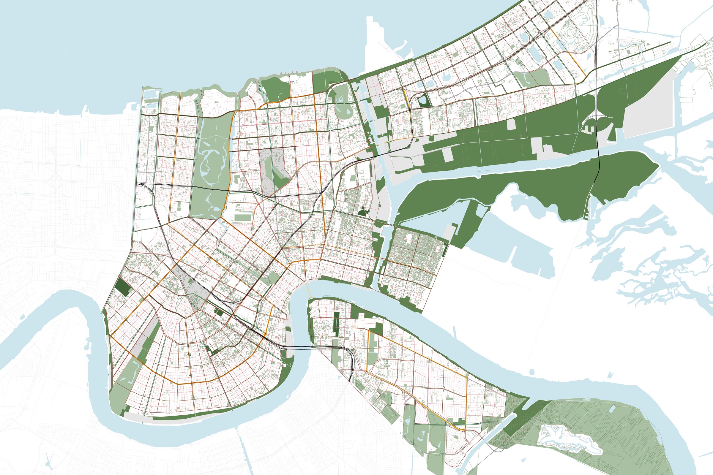 Map of New Orleans with greenscapes, parks, undeveloped spaces, etc. indicated.