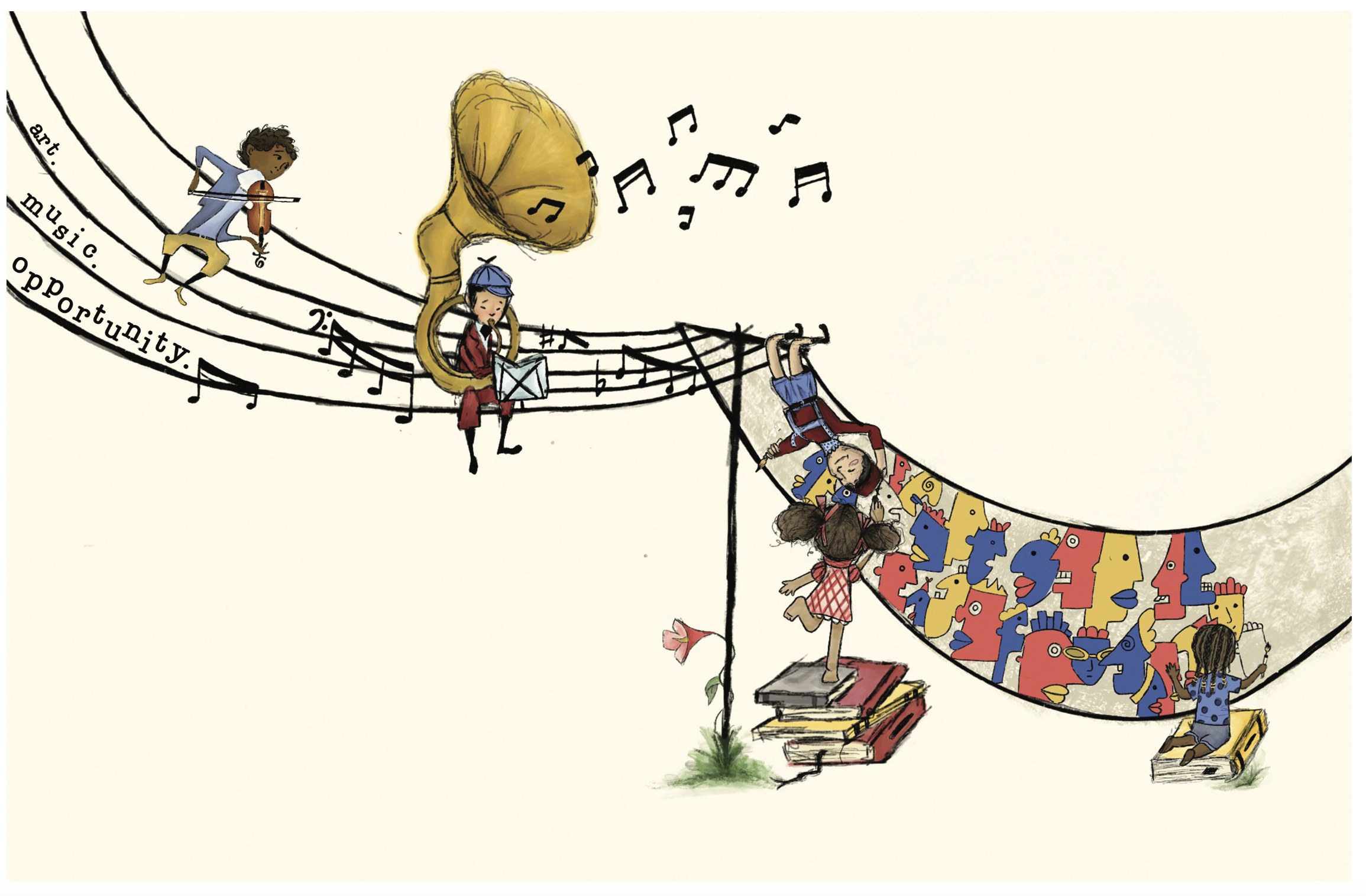 Illustration of kids surrounded by music and art