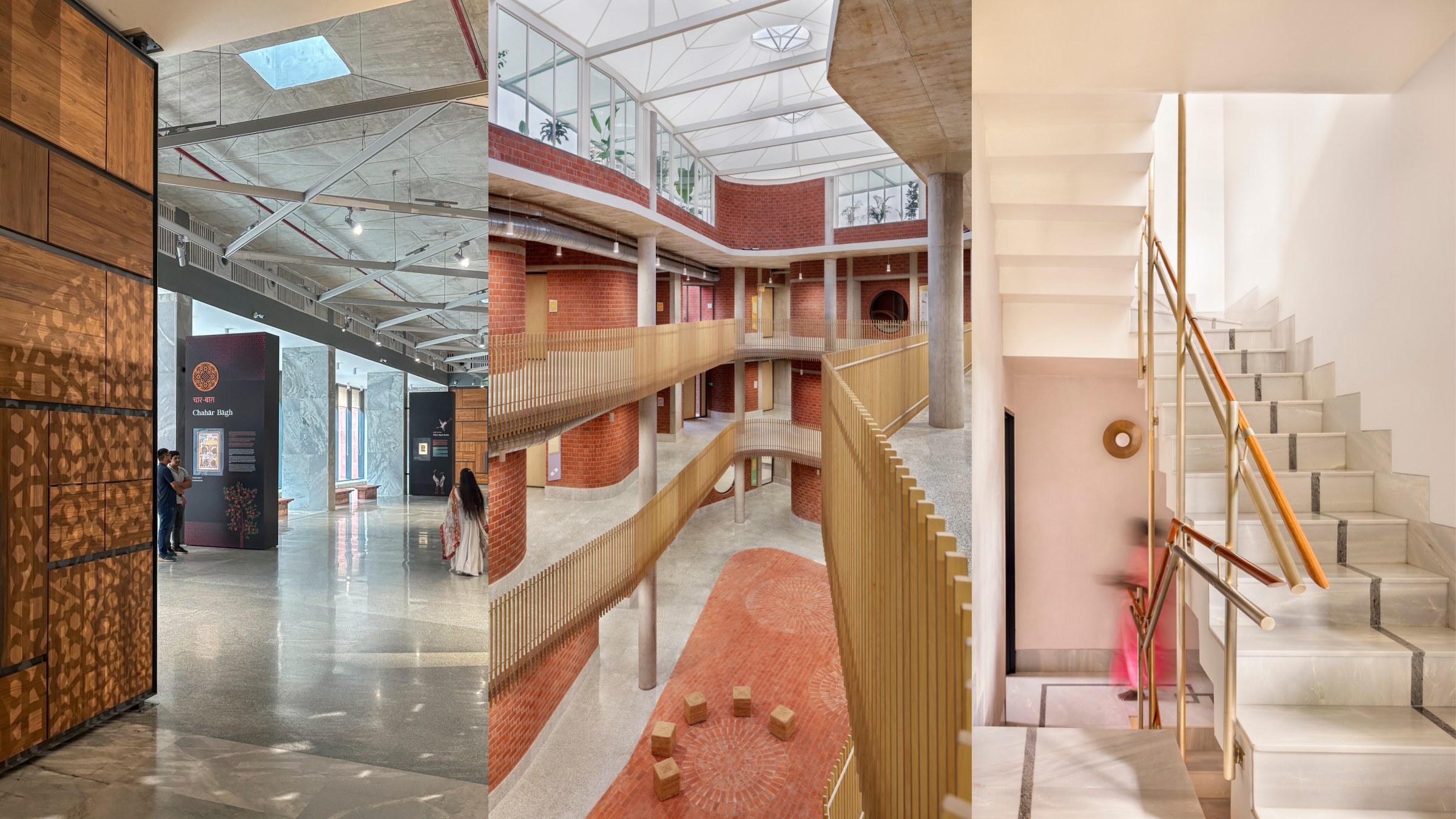 Triptych of three photos of built spaces by Pankaj Vir Gupta: two are interiors of large halls and lobbies and one is a residential stairwell.