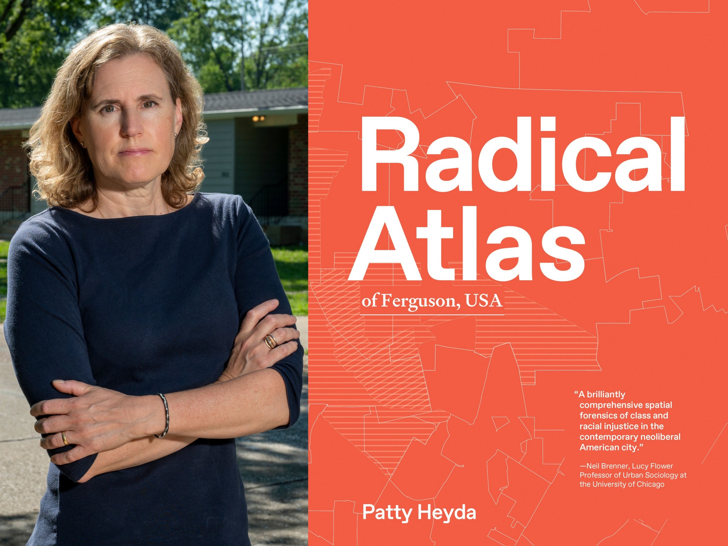 Patty Heyda next to Radical Atlas book cover. 