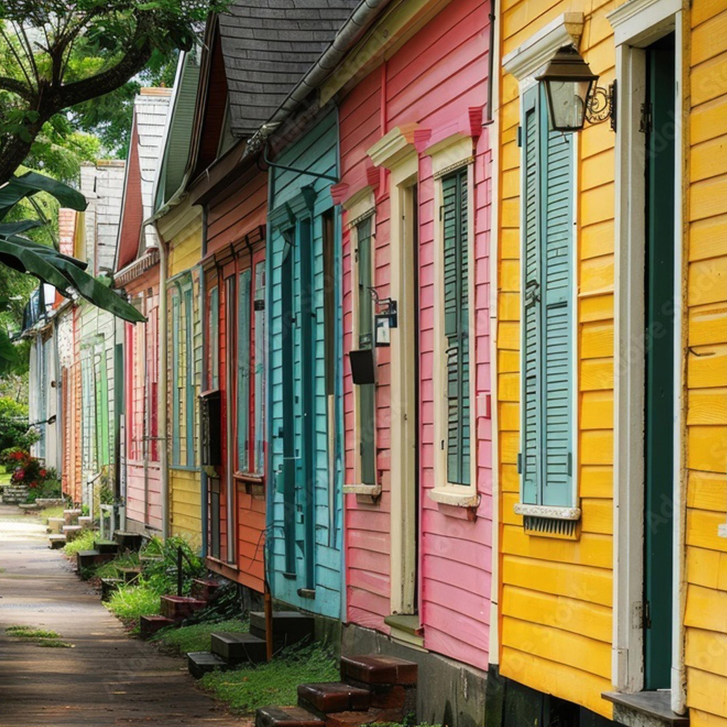 Row of shotgun homes immediately adjacent to each other with front doors facing a sidewalk.