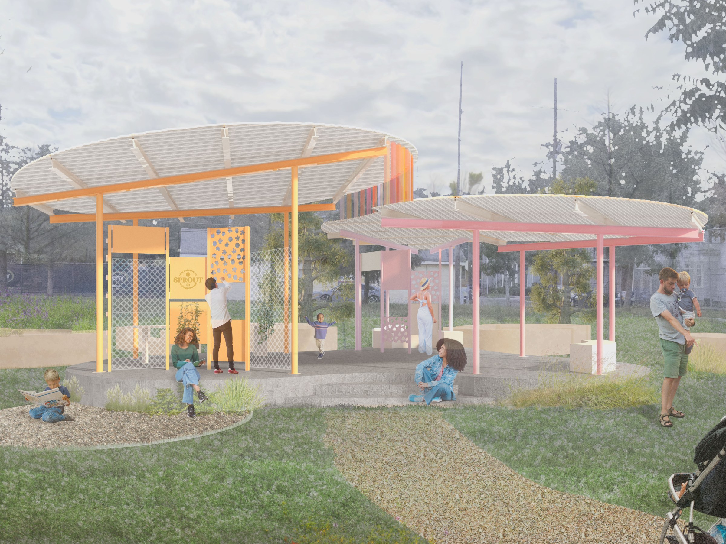 rendering of the sprout house, colorful and outdoors