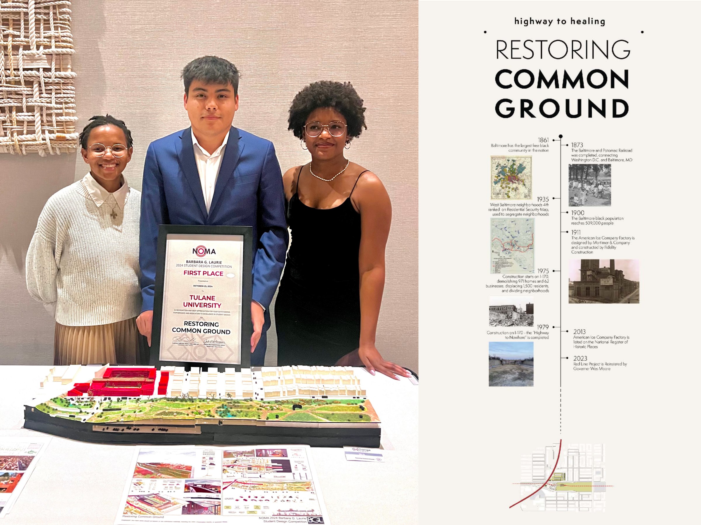 Two images side-by-side: three students stand behind a table with their award placard and their model on the table; a diagram from the students' design "Restoring Common Ground."