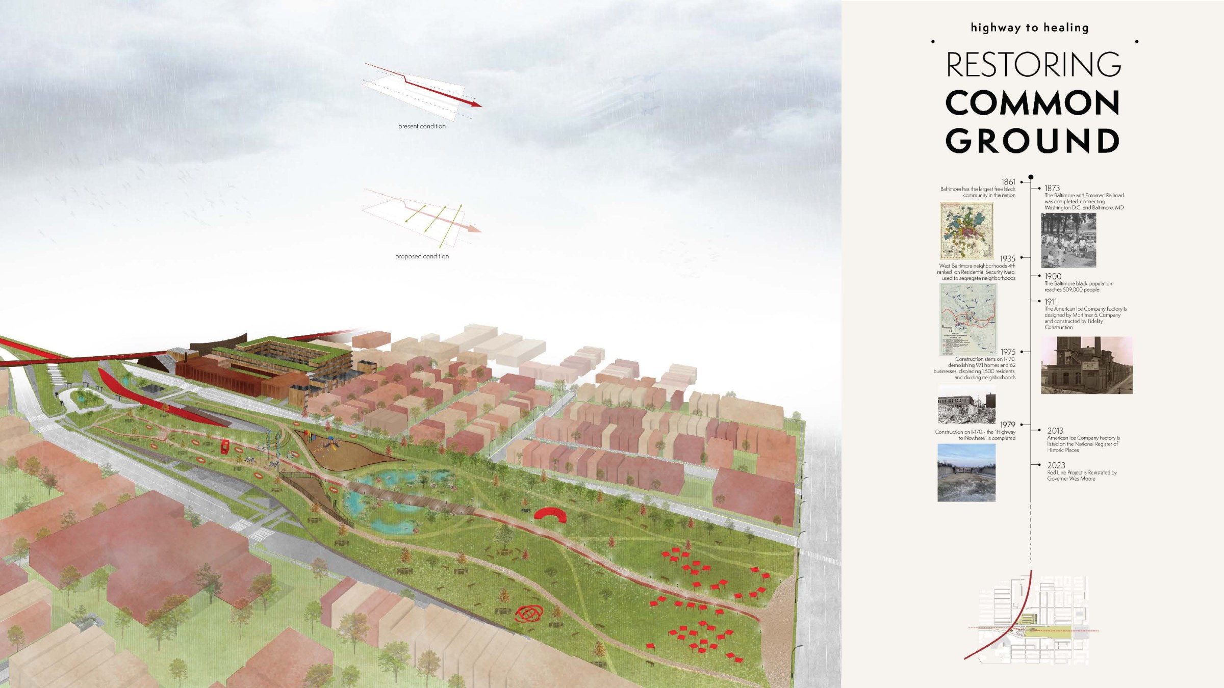 Page of perspective and plan drawings from the winning student competition design "Restoring Common Ground."